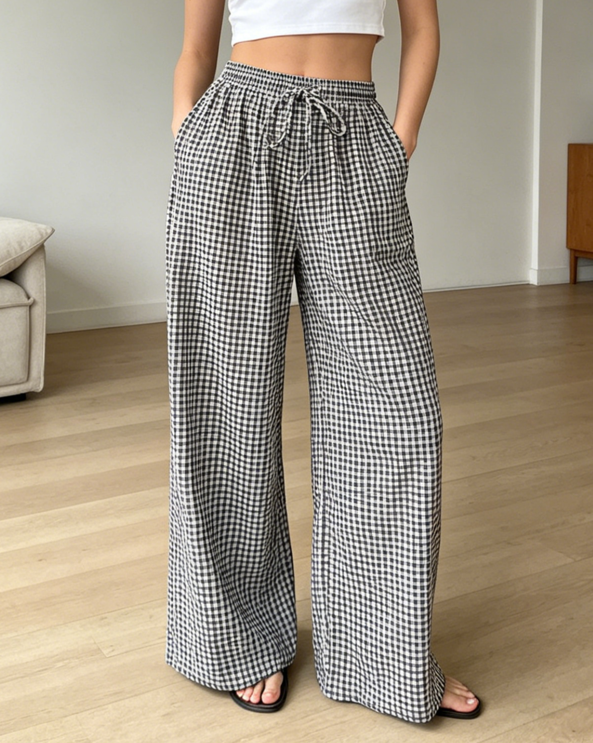 Gingham Wide Leg Pants With Drawstring Waist - Black