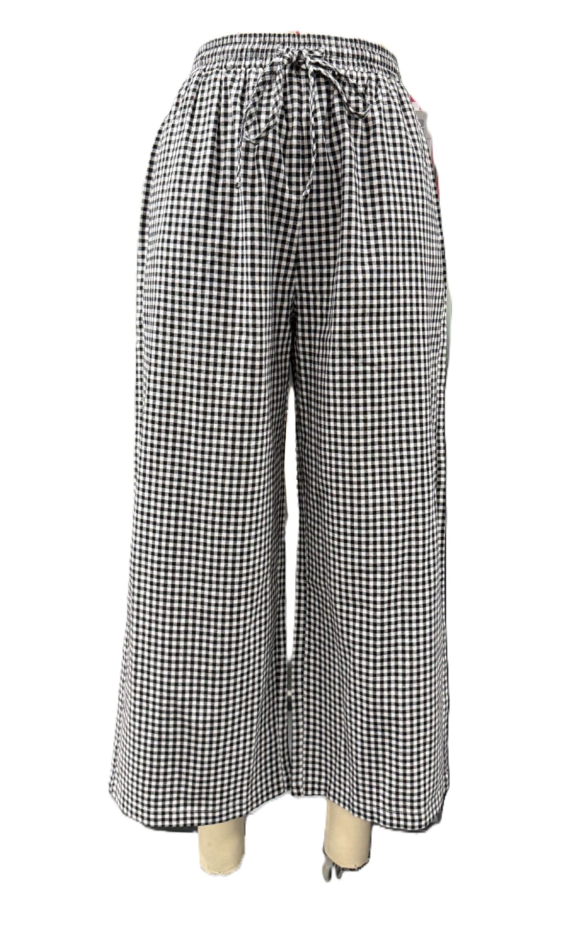 Gingham Wide Leg Pants With Drawstring Waist - Black - 1