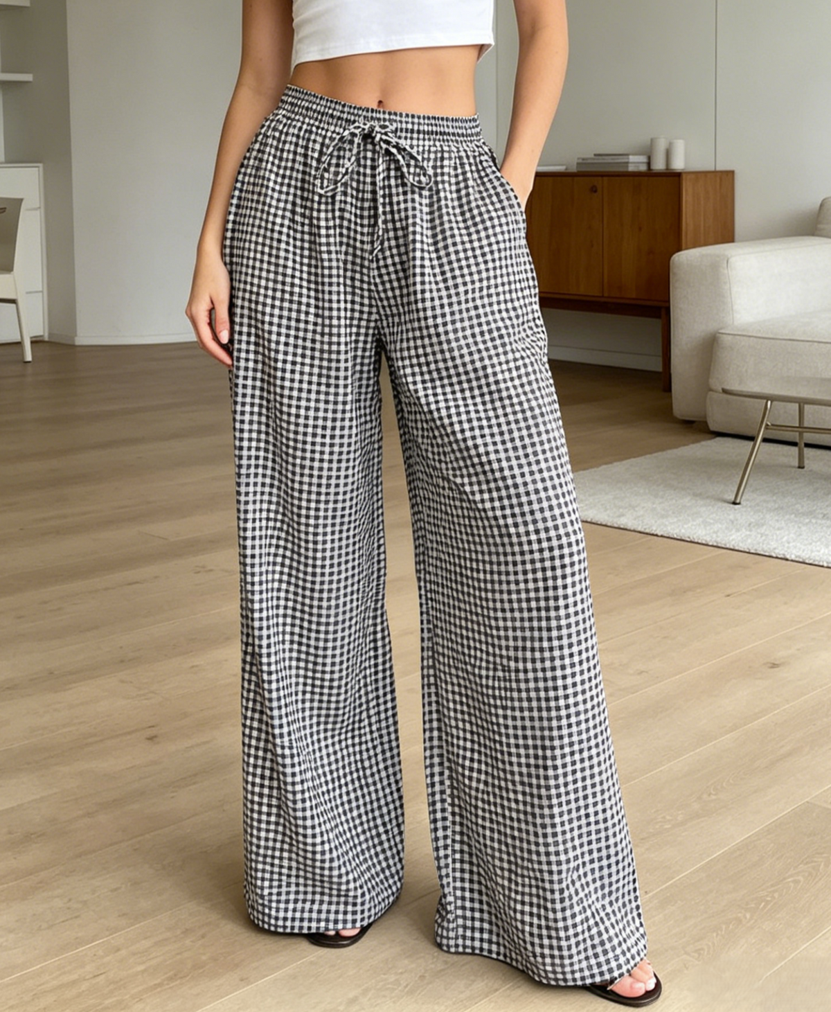 Gingham Wide Leg Pants With Drawstring Waist - Black - 3