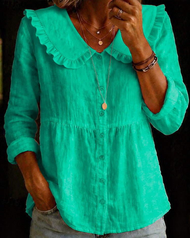 Vintage Ruffle Collar Peplum Button-Front Blouse - Green