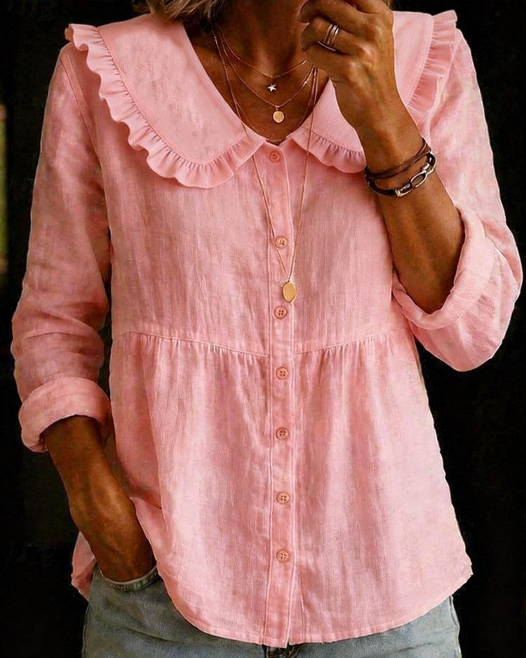 Vintage Ruffle Collar Peplum Button-Front Blouse - Pink