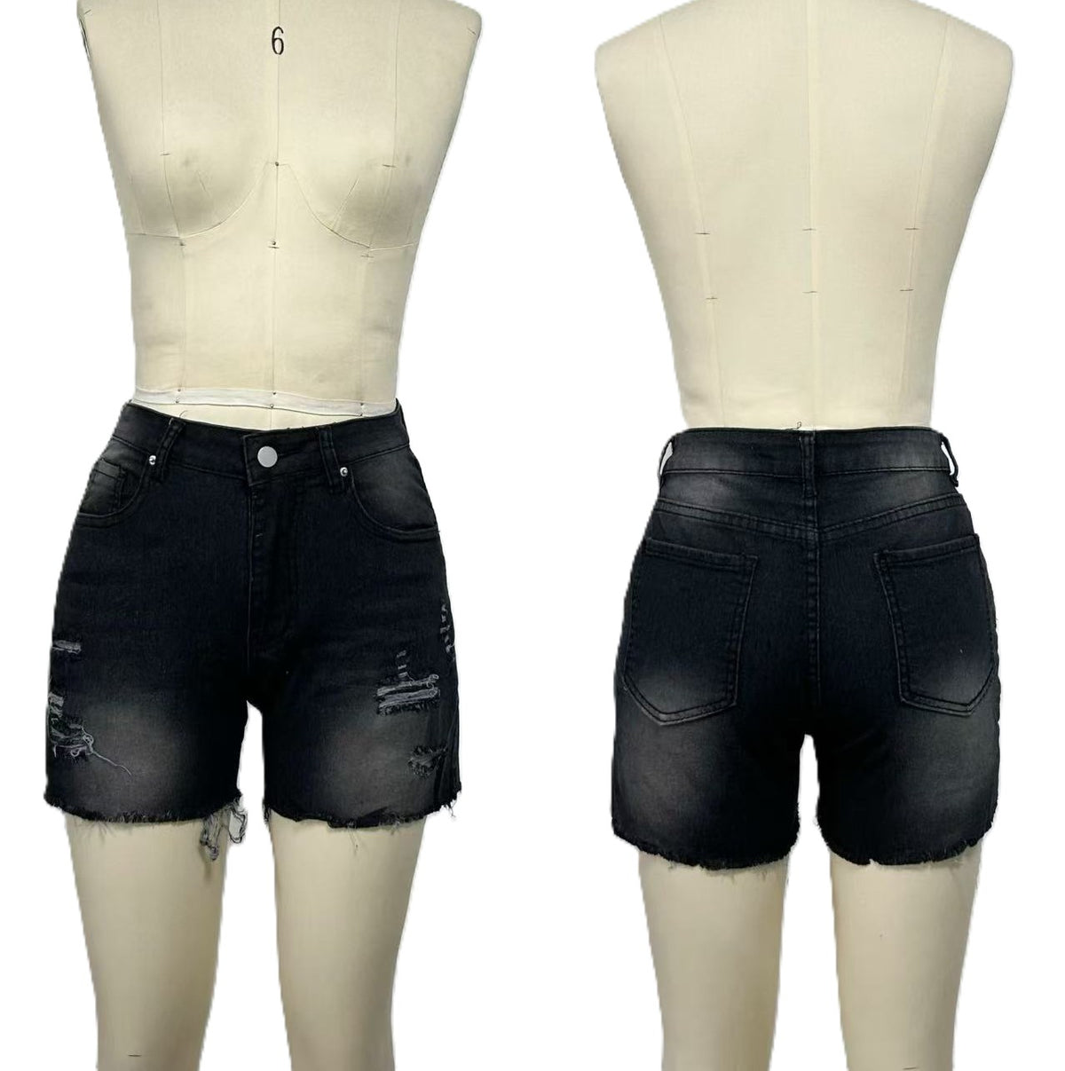 Distressed Frayed Hem High Rise Denim Shorts - Black - 1