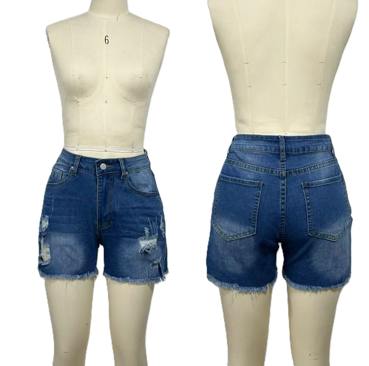 Distressed Frayed Hem High Rise Denim Shorts - Blue