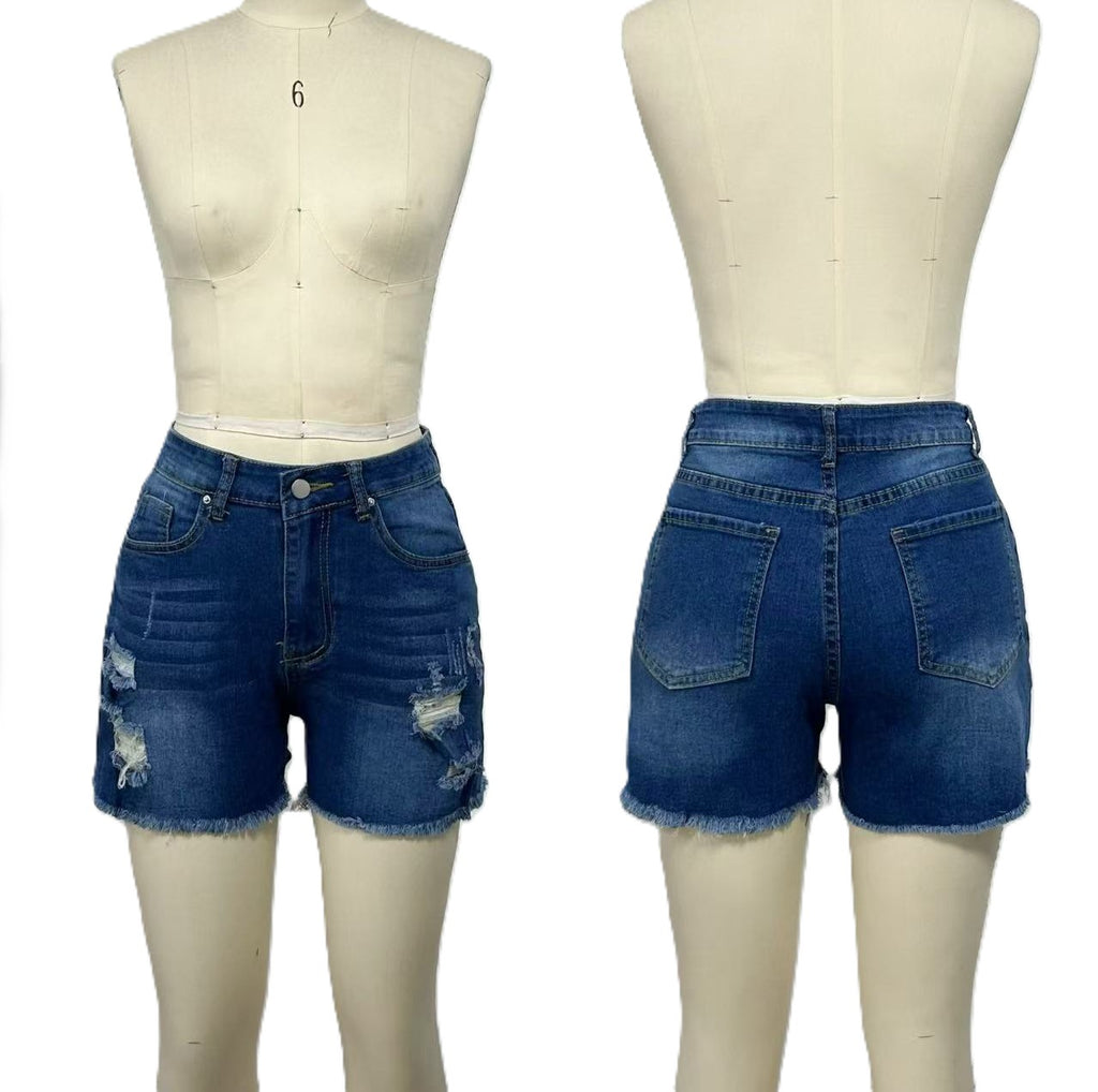 Distressed Frayed Hem High Rise Denim Shorts - DarkBlue