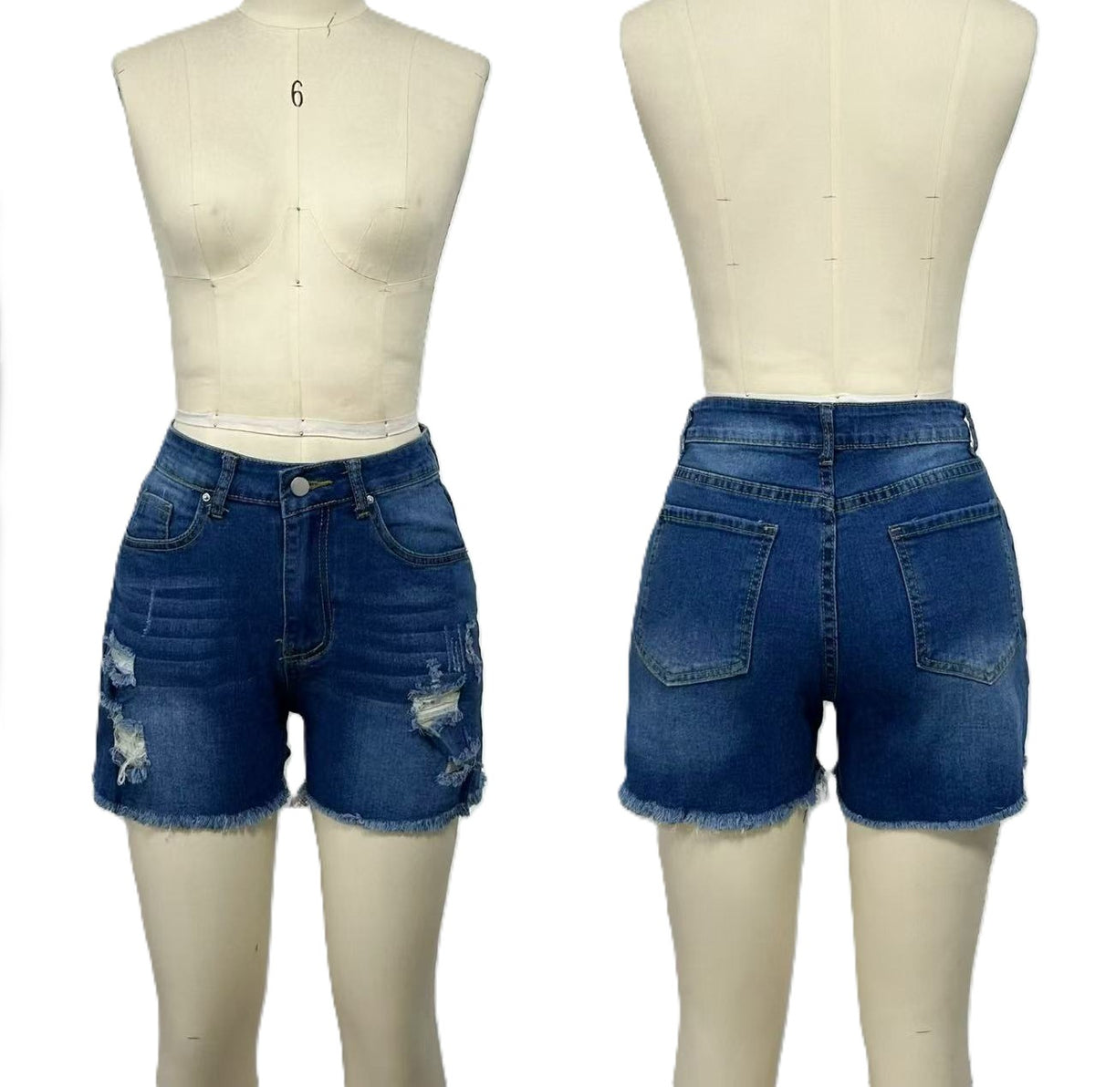 Distressed Frayed Hem High Rise Denim Shorts - DarkBlue