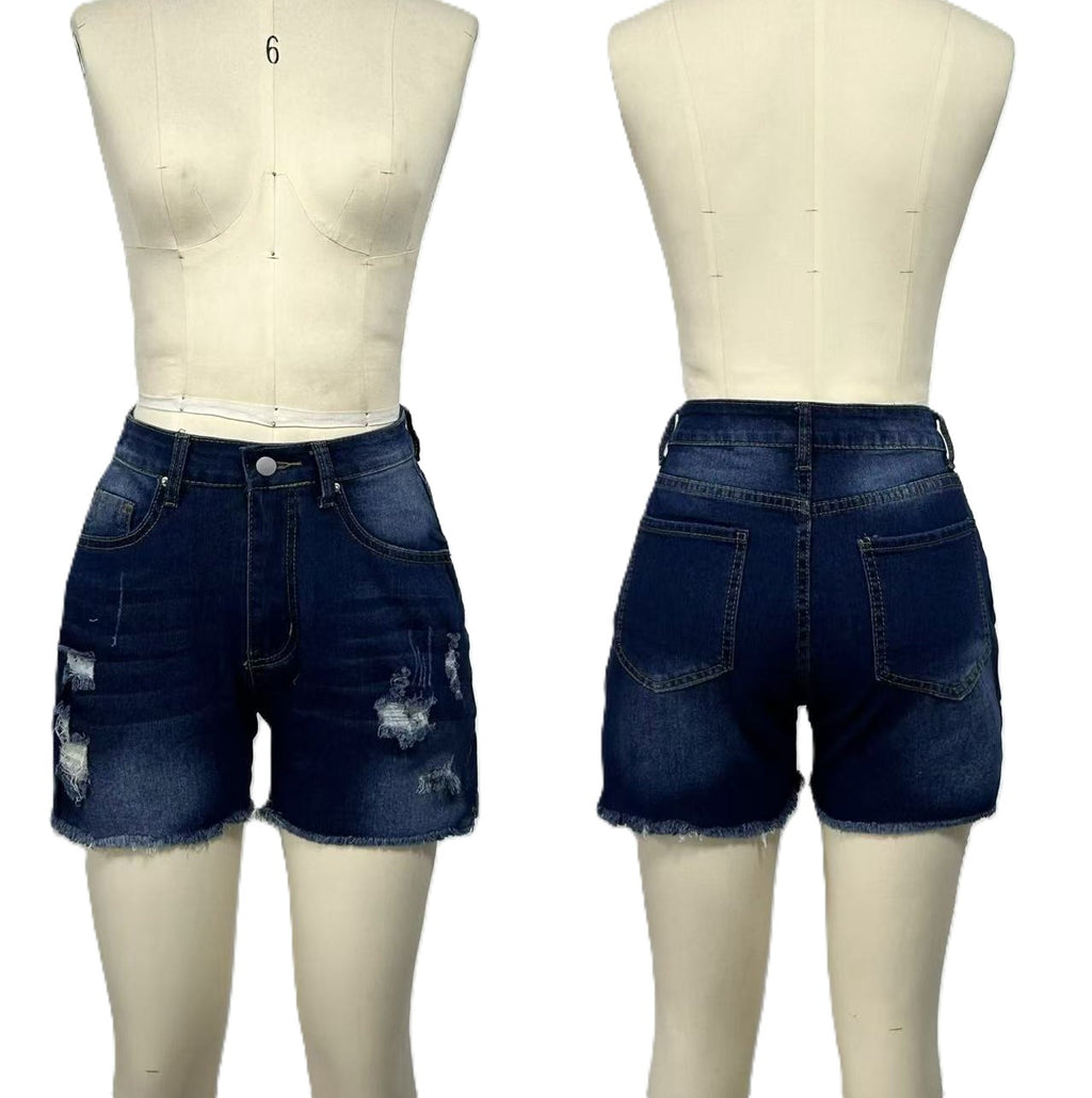 Distressed Frayed Hem High Rise Denim Shorts - Navyblue