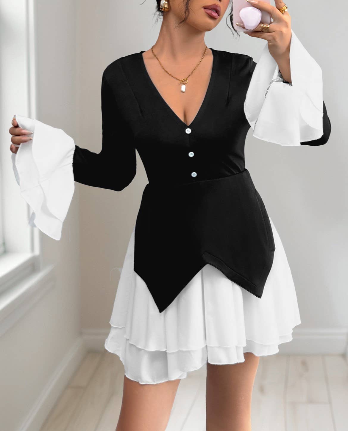 Two Tone Flare Sleeve Ruffle Mini Dress
