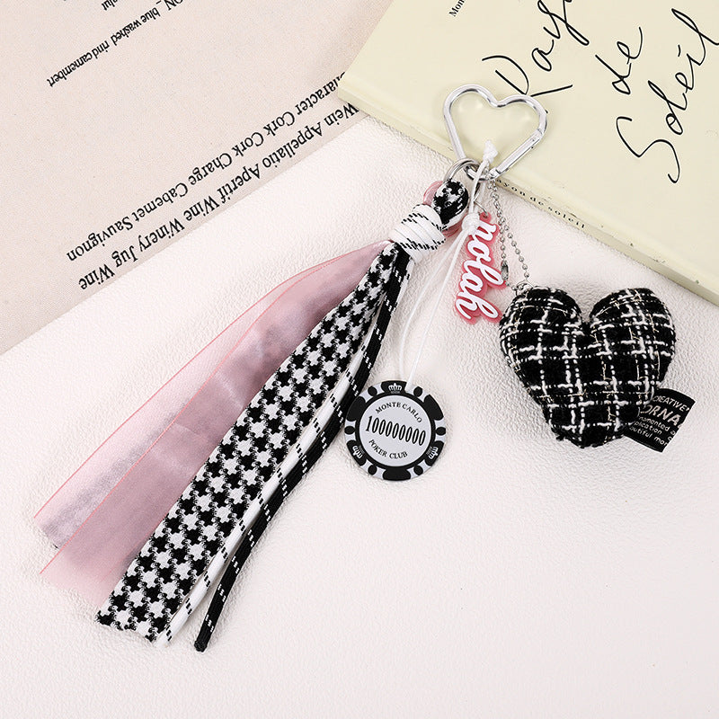 Tweed Heart Charm Tassel Keychain - Black