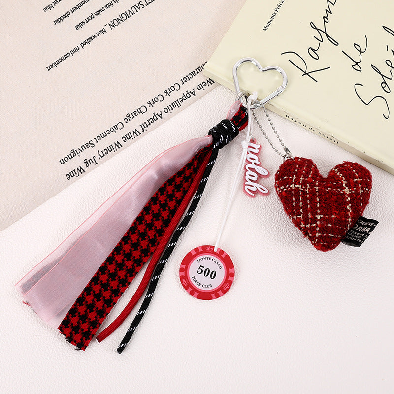 Tweed Heart Charm Tassel Keychain - Winered