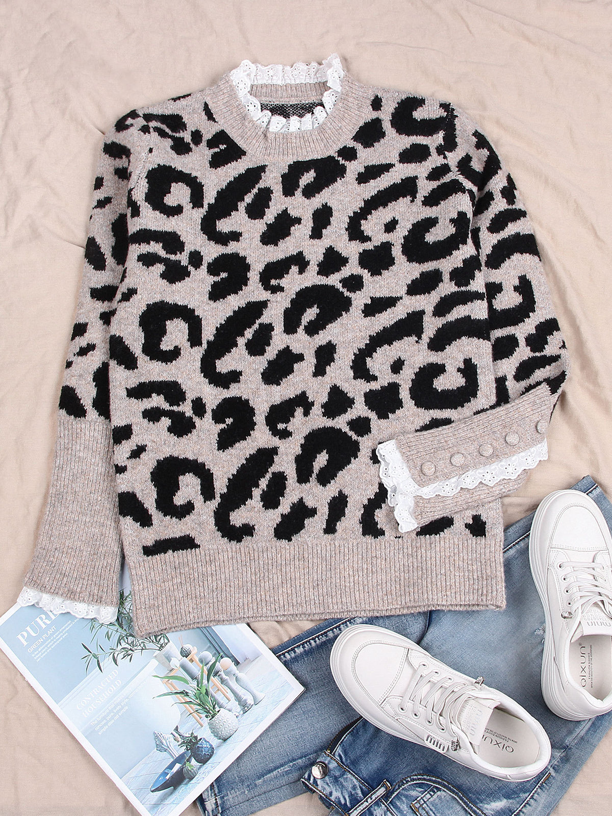 Pearl Stud Lace Collar Leopard Knit Sweater - Khaki - 1