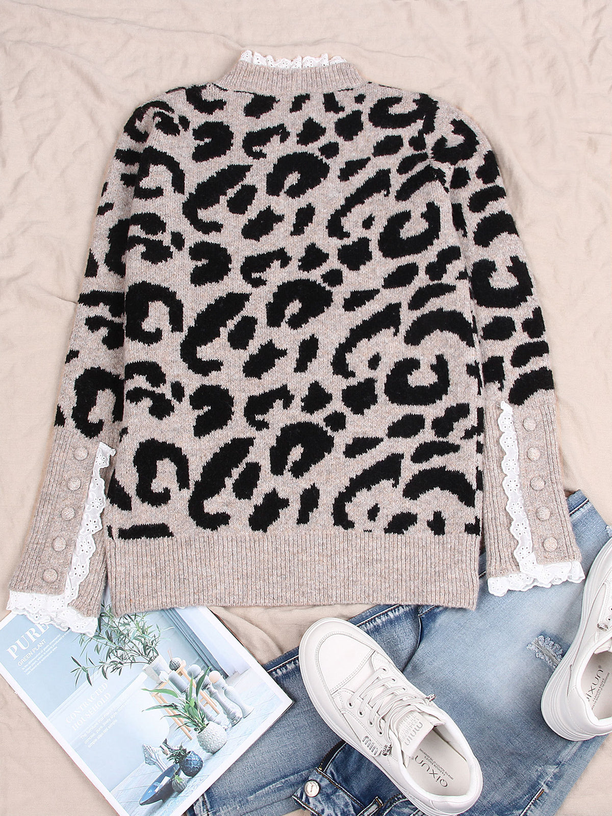 Pearl Stud Lace Collar Leopard Knit Sweater - Khaki - 2