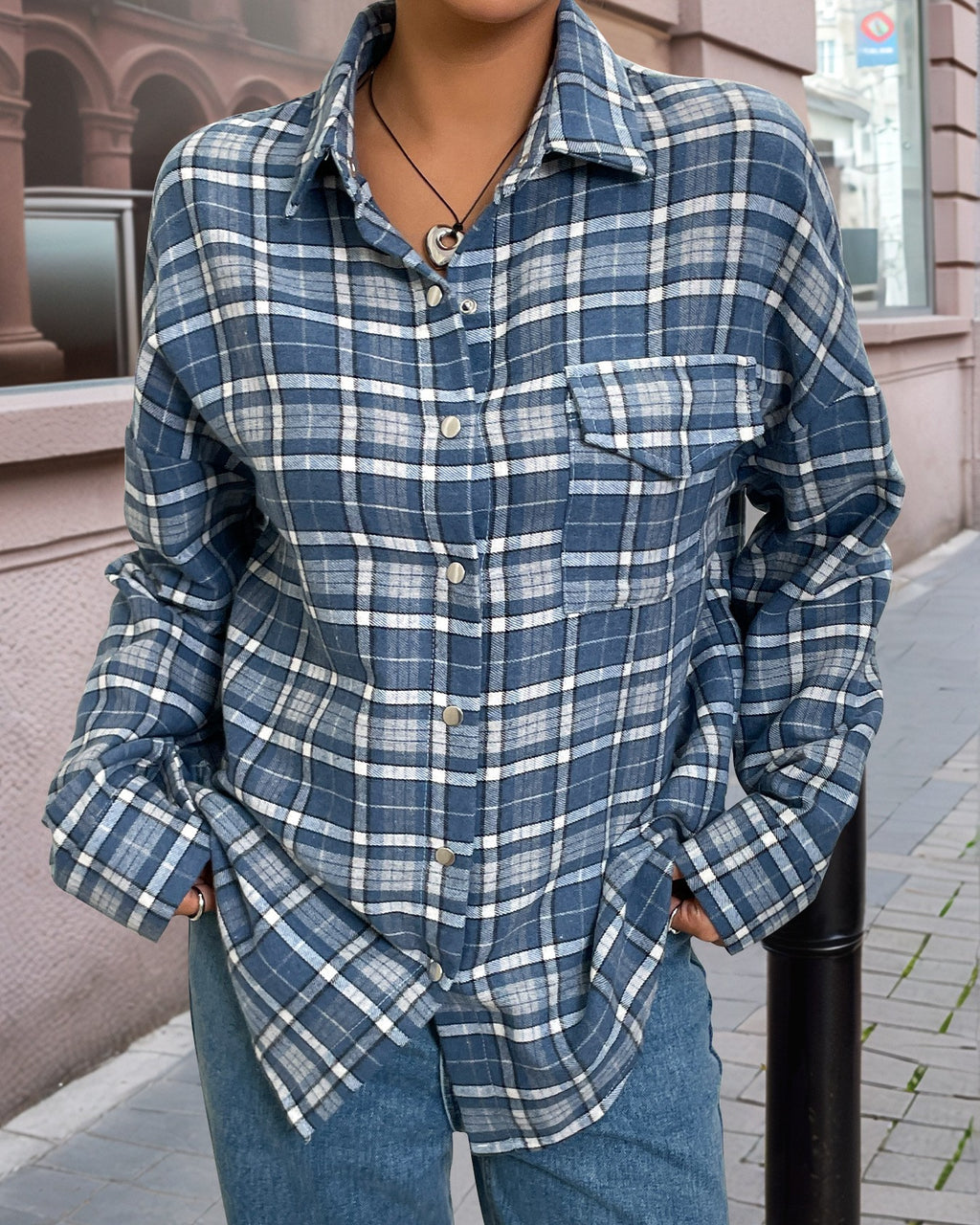 Vintage Plaid Chest Pocket Boyfriend Shirt - Blue