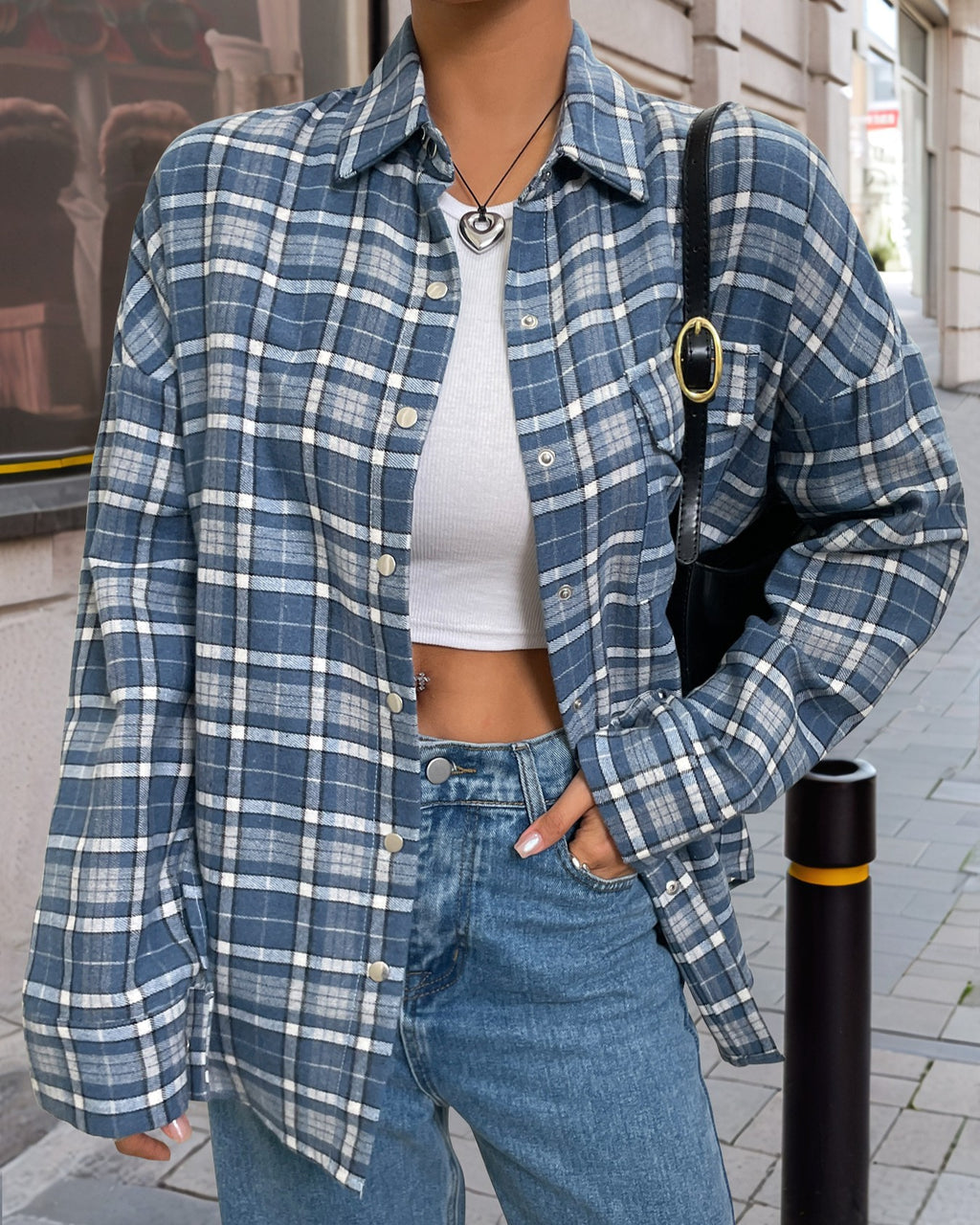 Vintage Plaid Chest Pocket Boyfriend Shirt - Blue - 1