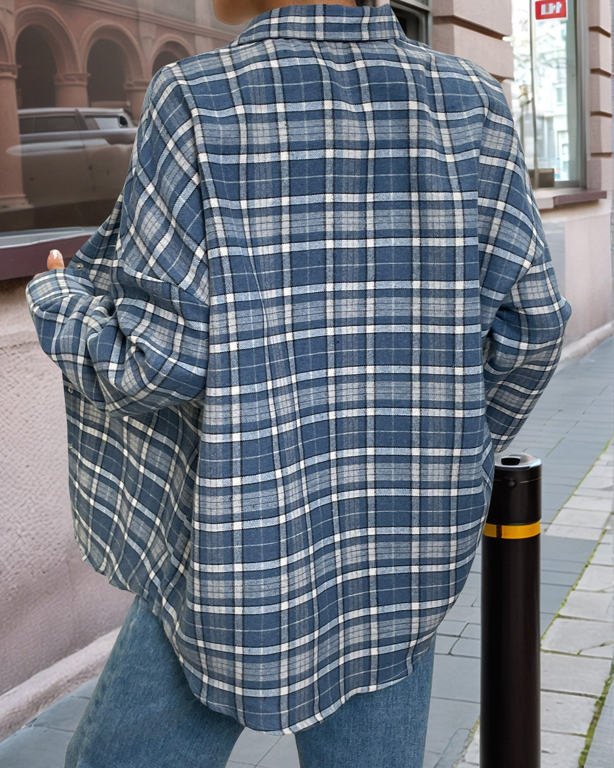 Vintage Plaid Chest Pocket Boyfriend Shirt - Blue - 3