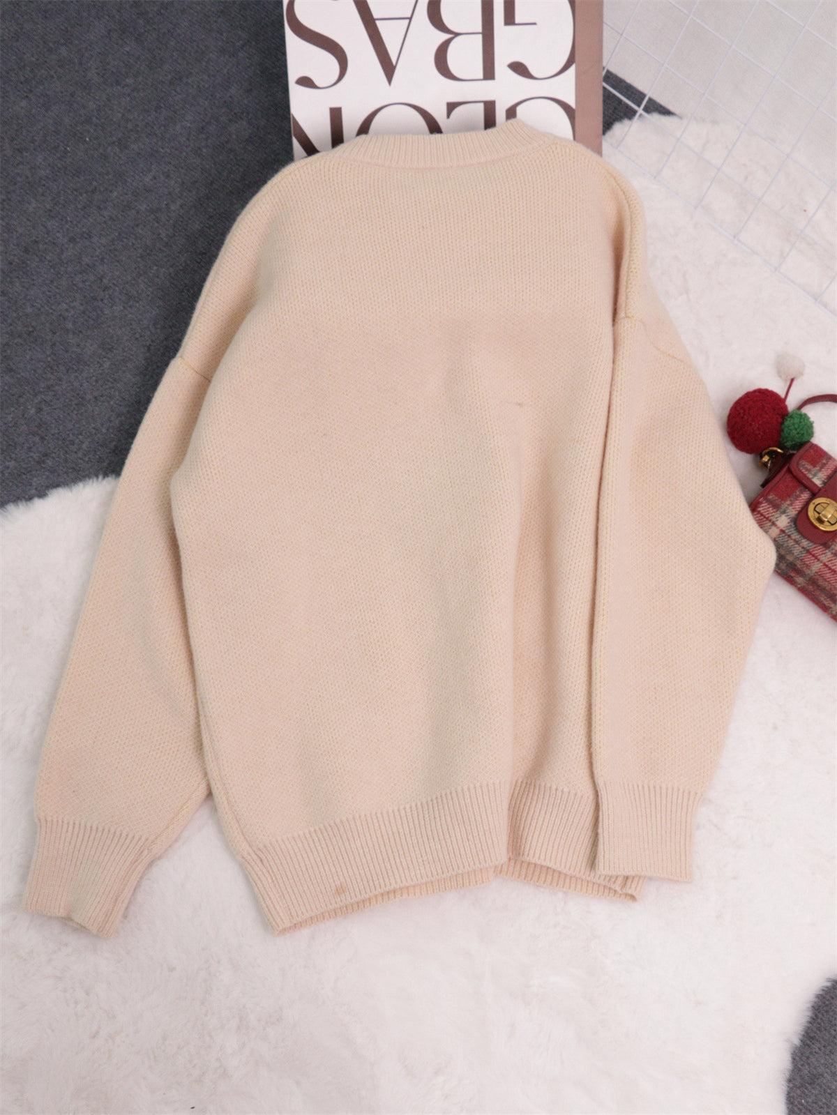 Oversized Floral Intarsia Crew Neck Sweater - Apricot - 1