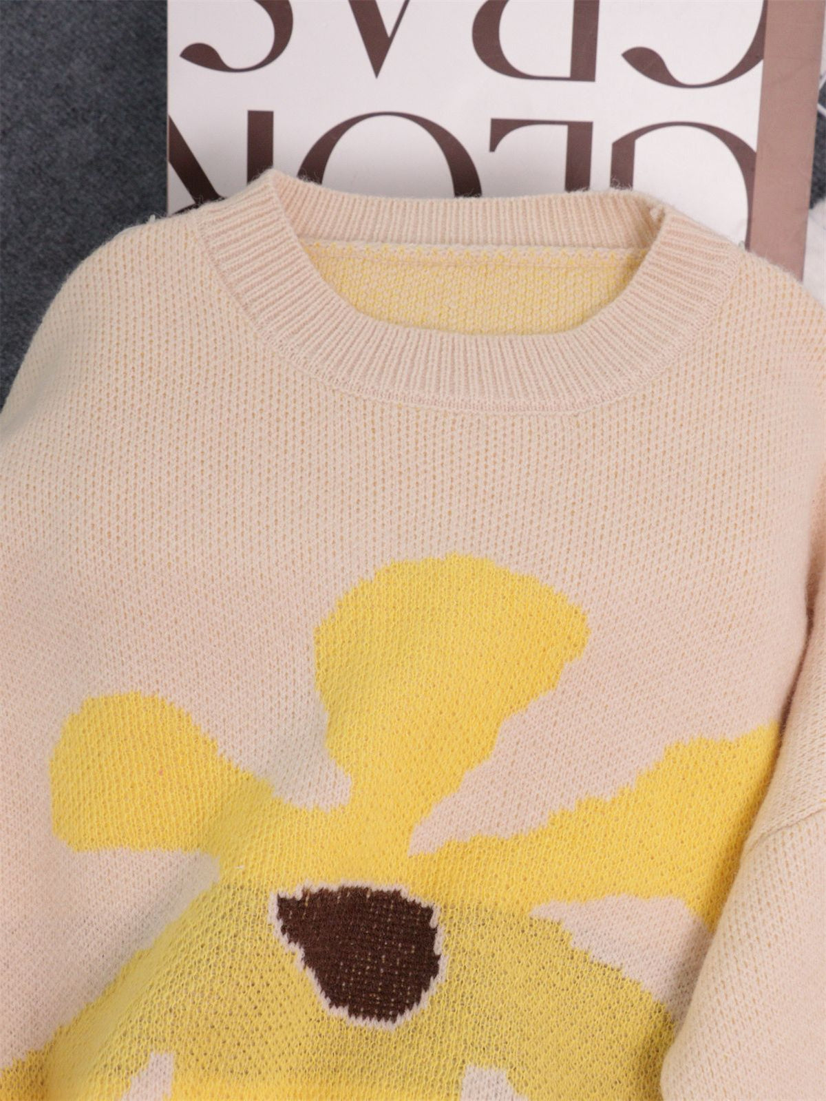 Oversized Floral Intarsia Crew Neck Sweater - Apricot - 2