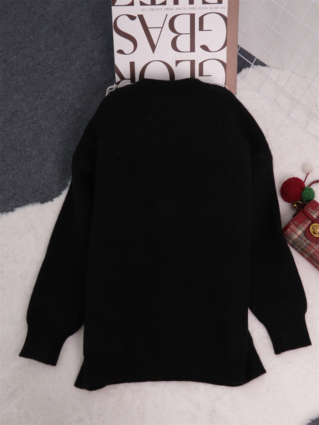 Oversized Floral Intarsia Crew Neck Sweater - Black - 2