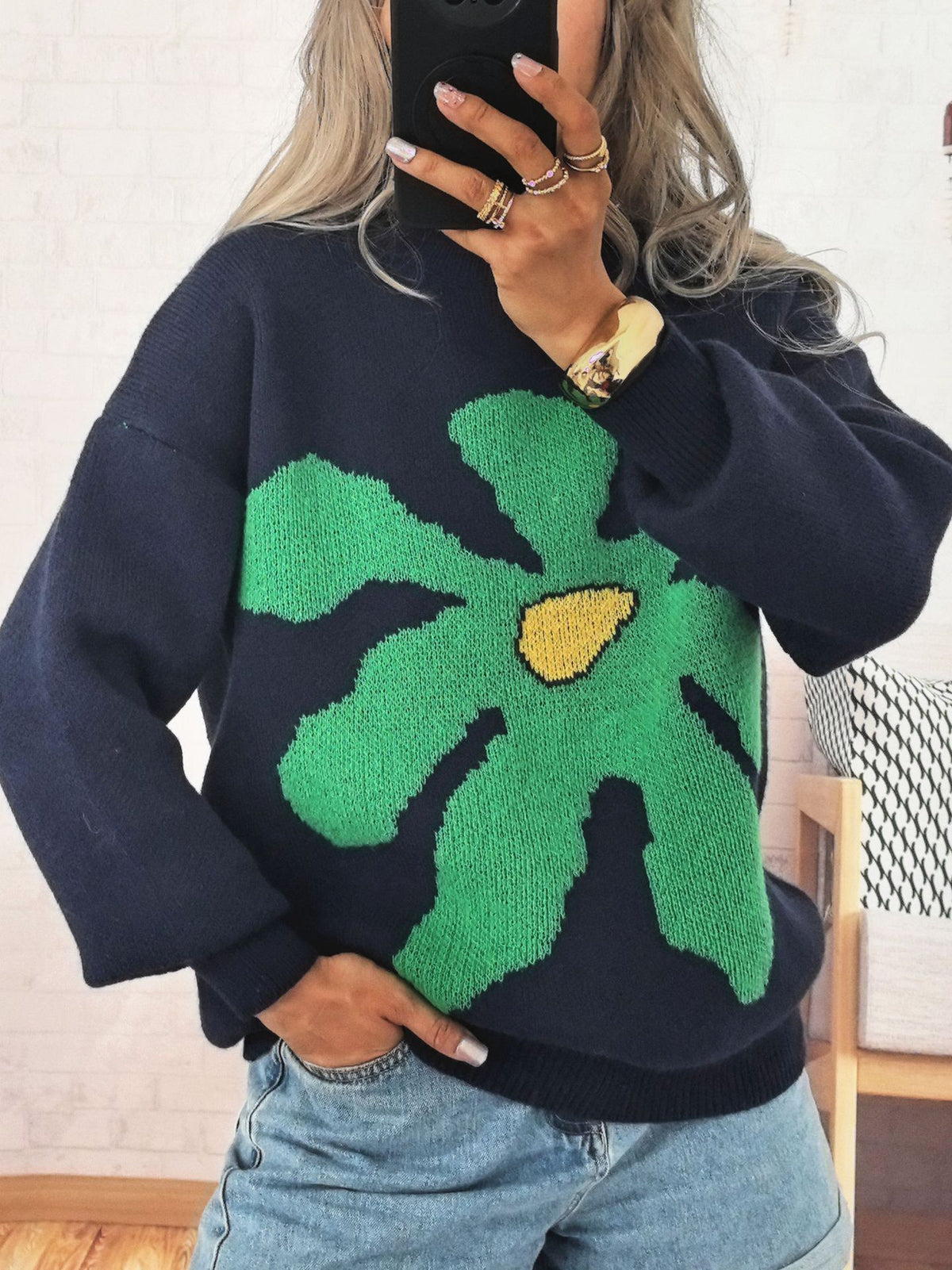 Oversized Floral Intarsia Crew Neck Sweater - DarkBlue