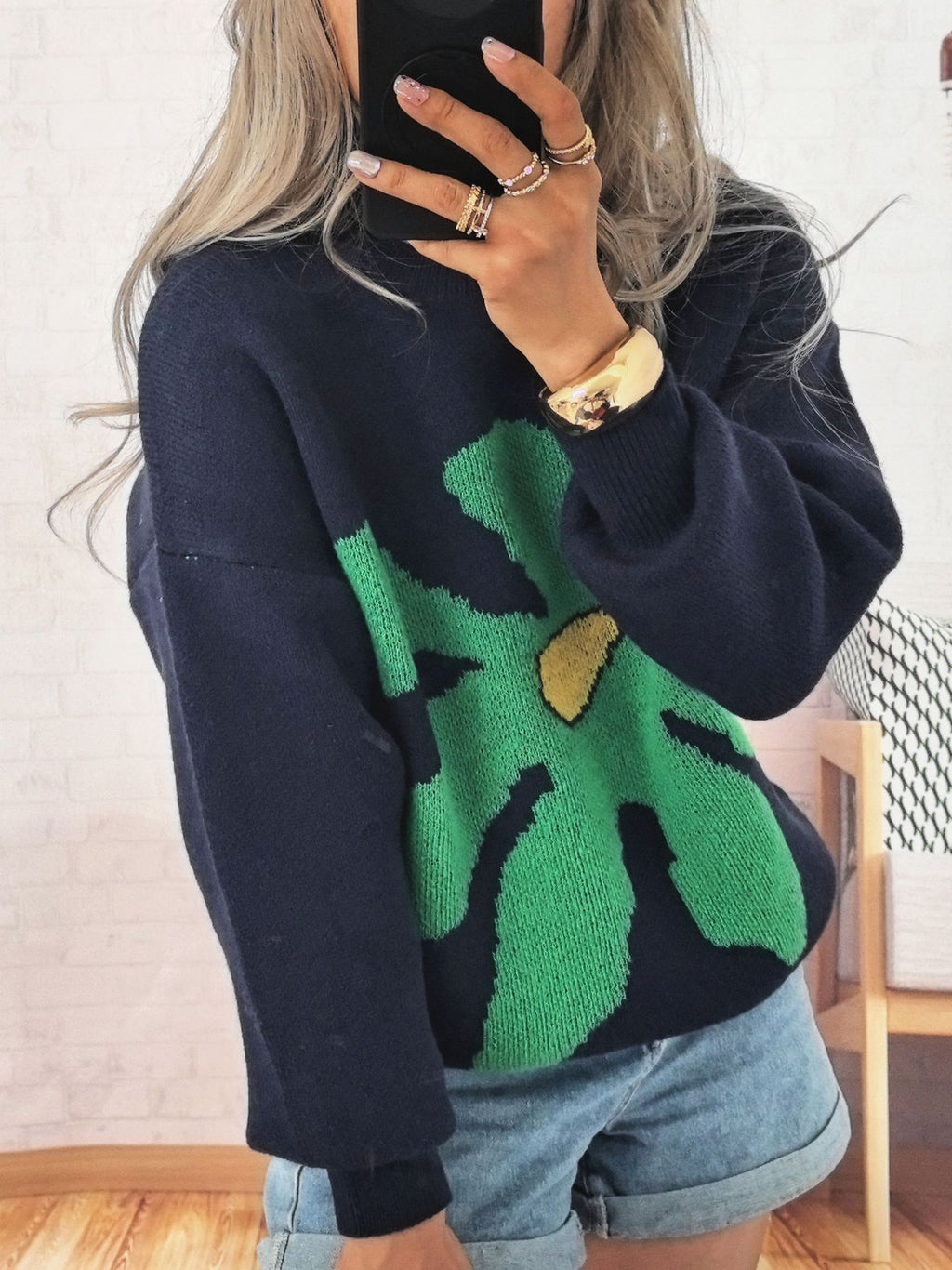 Oversized Floral Intarsia Crew Neck Sweater - DarkBlue - 1
