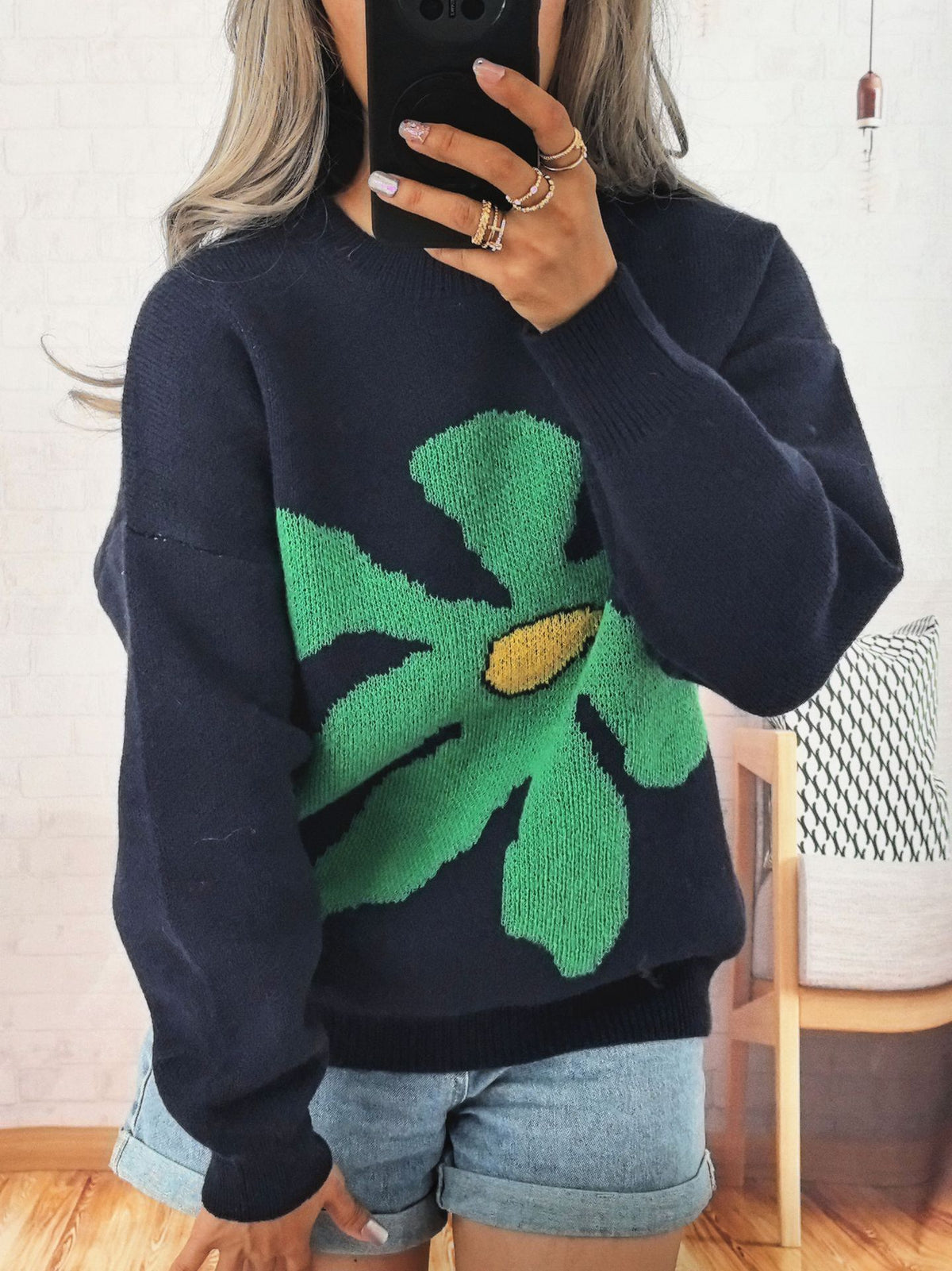Oversized Floral Intarsia Crew Neck Sweater - DarkBlue - 2