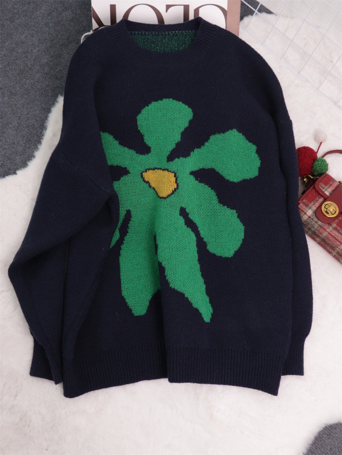 Oversized Floral Intarsia Crew Neck Sweater - DarkBlue - 3