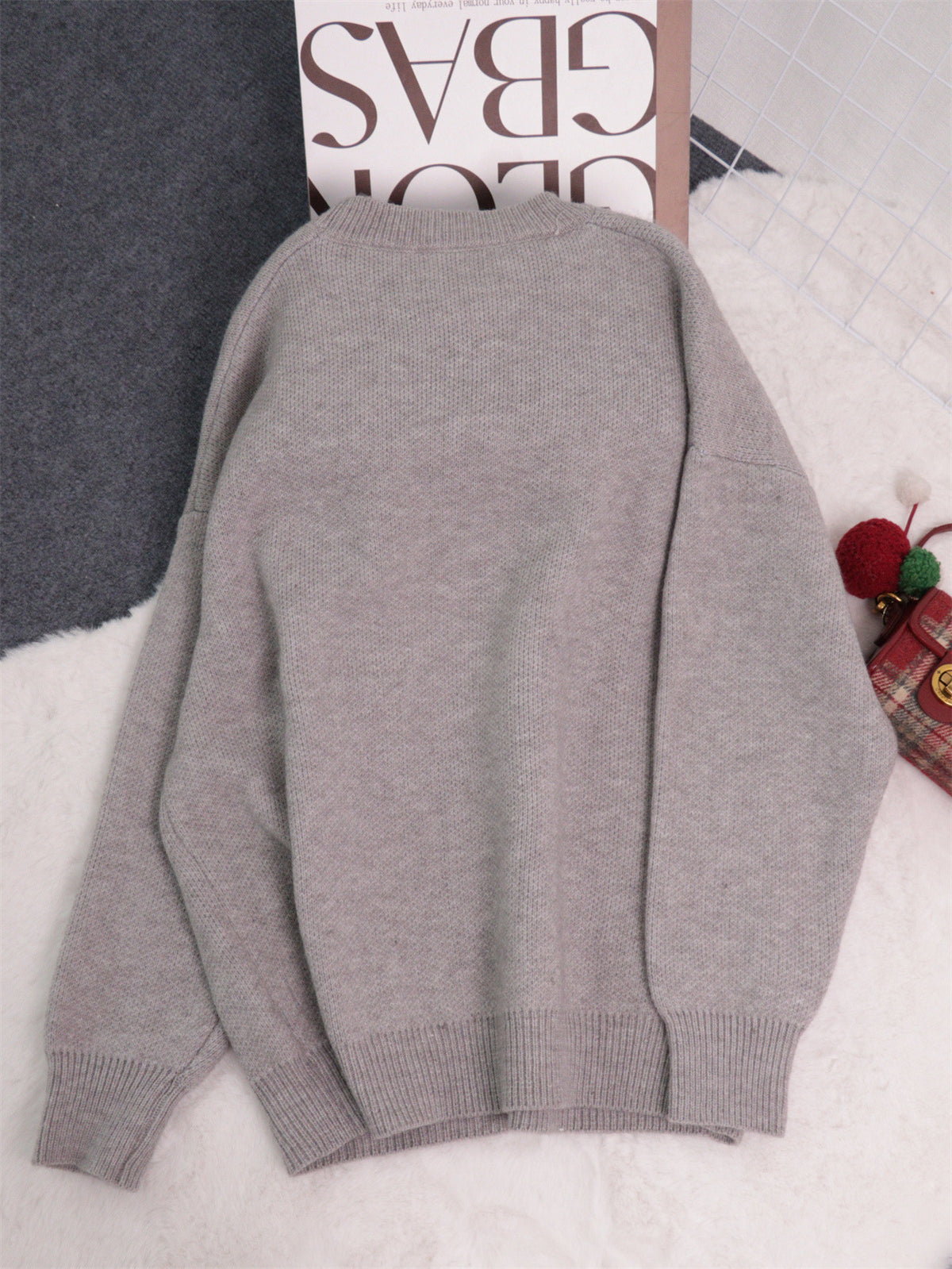 Oversized Floral Intarsia Crew Neck Sweater - Grey - 2