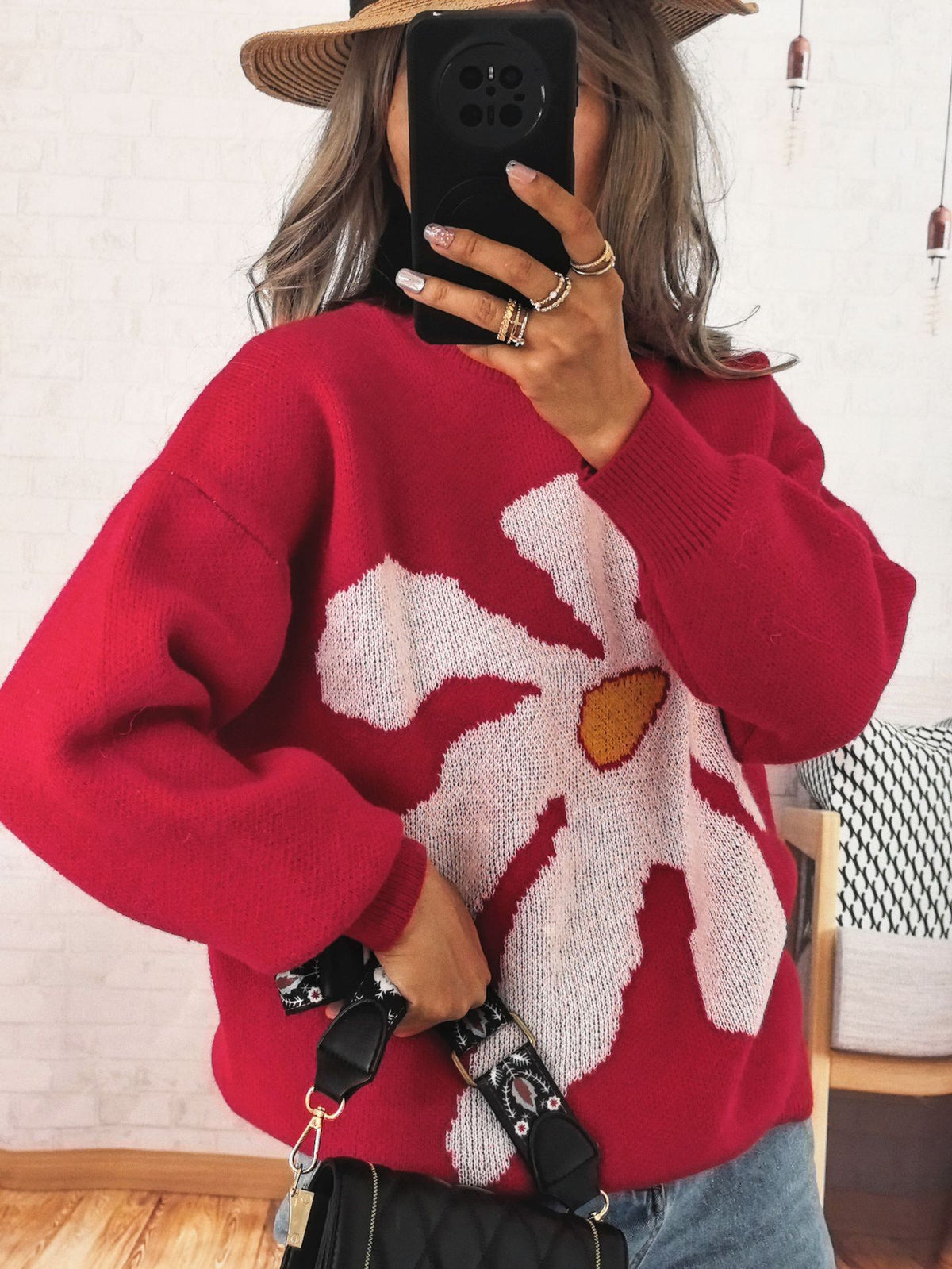 Oversized Floral Intarsia Crew Neck Sweater - Red