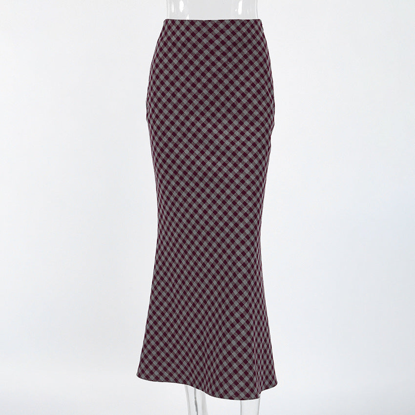 Gingham Check Fishtail Maxi Skirt - Red - 1