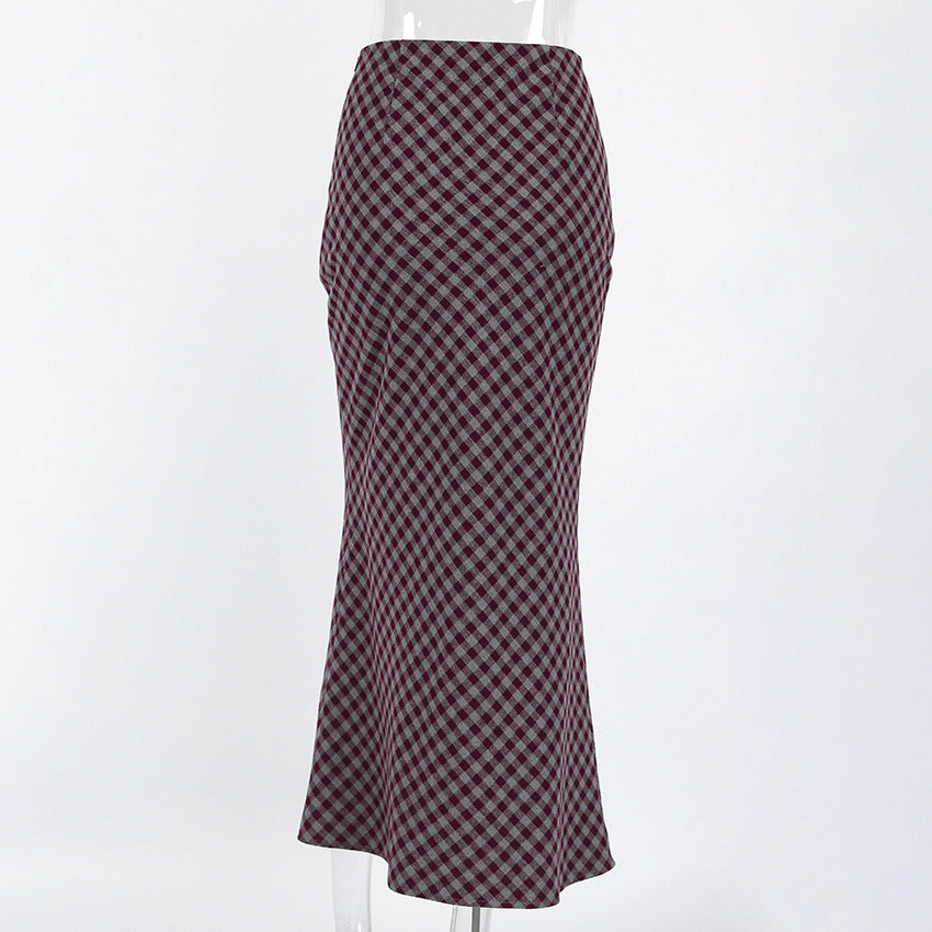 Gingham Check Fishtail Maxi Skirt - Red - 3