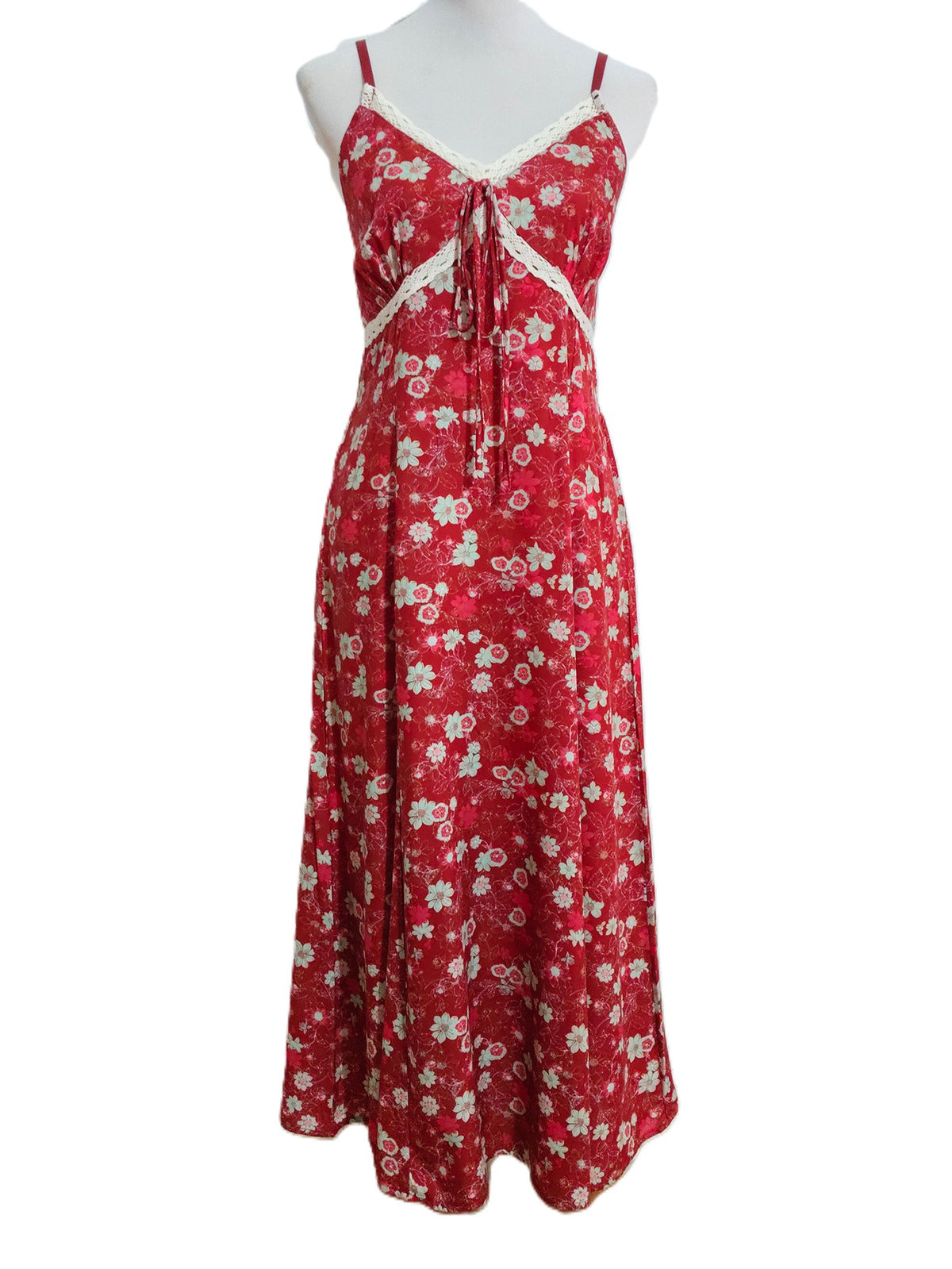 Ditsy Floral Midi Sundress With Lace Trim - Red