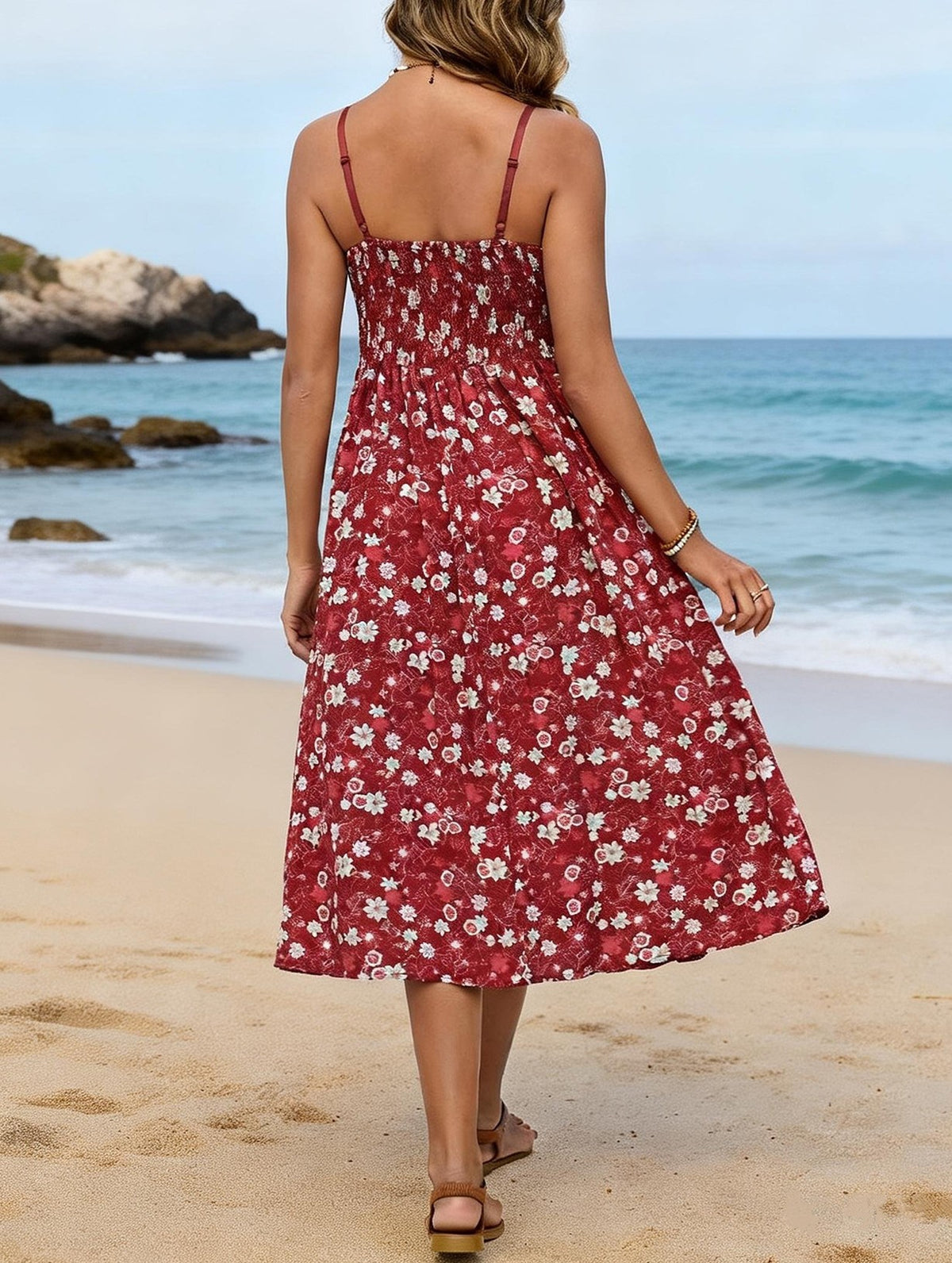 Ditsy Floral Midi Sundress With Lace Trim - Red - 2