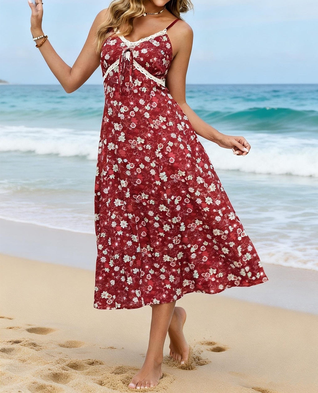 Ditsy Floral Midi Sundress With Lace Trim - Red - 3