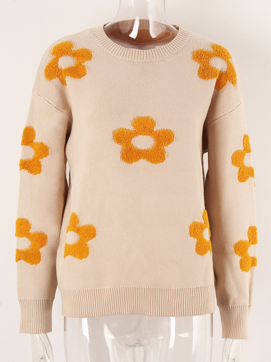 Brushed Flower Motif Drop Shoulder Sweater - Apricot