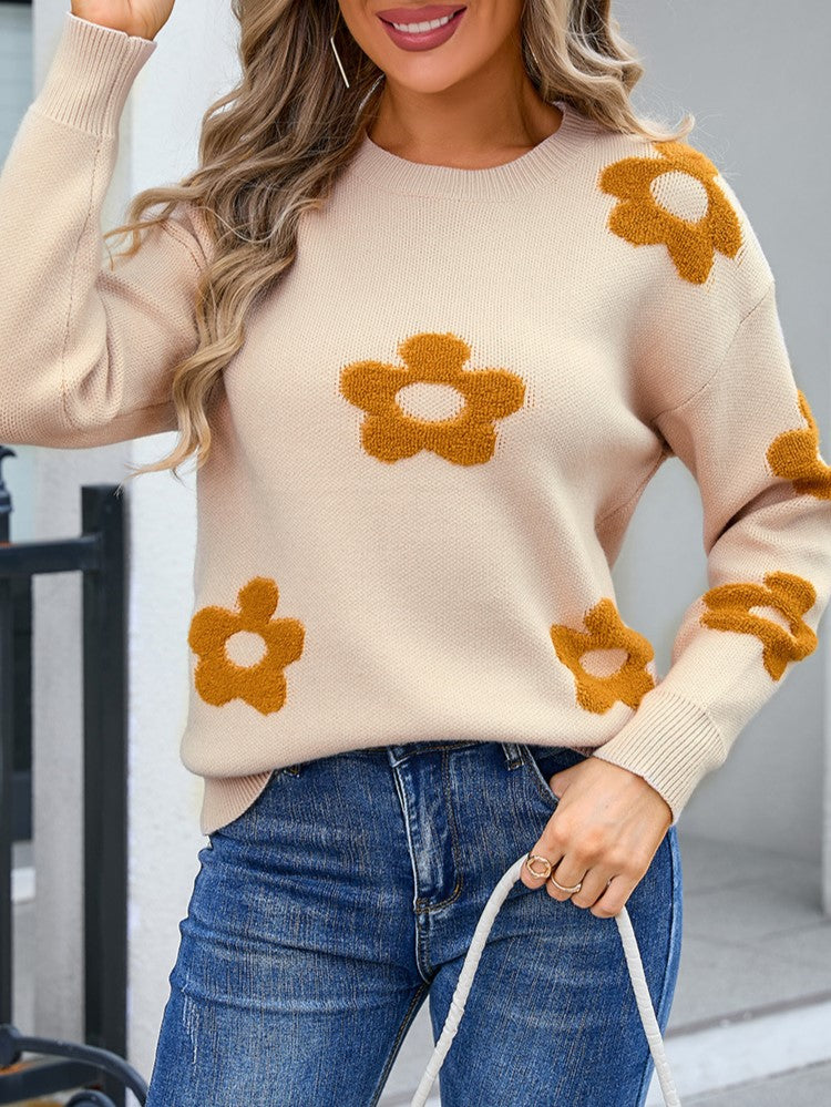 Brushed Flower Motif Drop Shoulder Sweater - Apricot - 1
