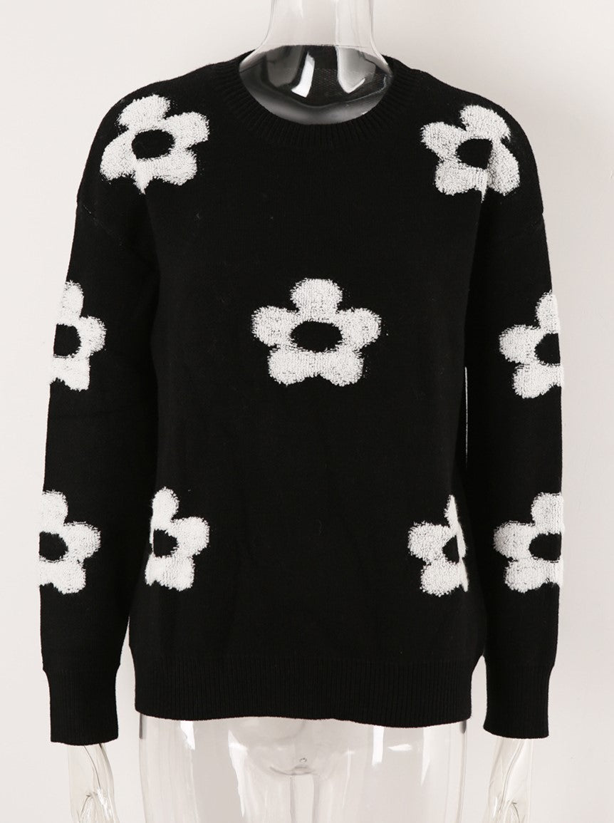 Brushed Flower Motif Drop Shoulder Sweater - Black