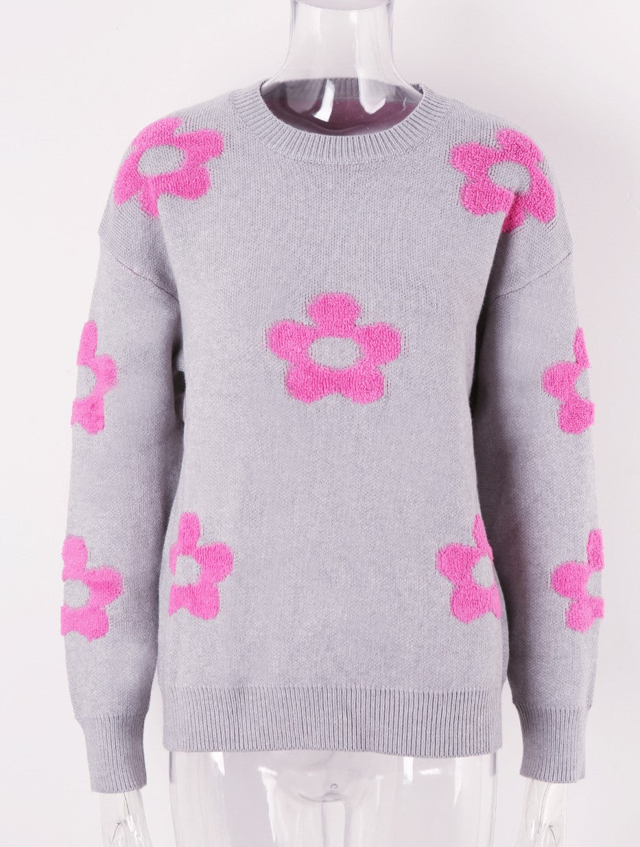 Brushed Flower Motif Drop Shoulder Sweater - Grey