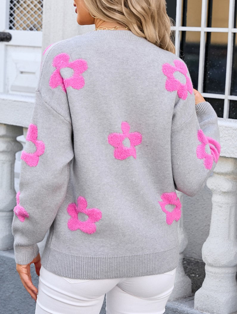 Brushed Flower Motif Drop Shoulder Sweater - Grey - 2