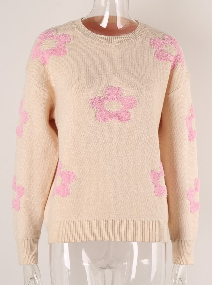 Brushed Flower Motif Drop Shoulder Sweater - Pink