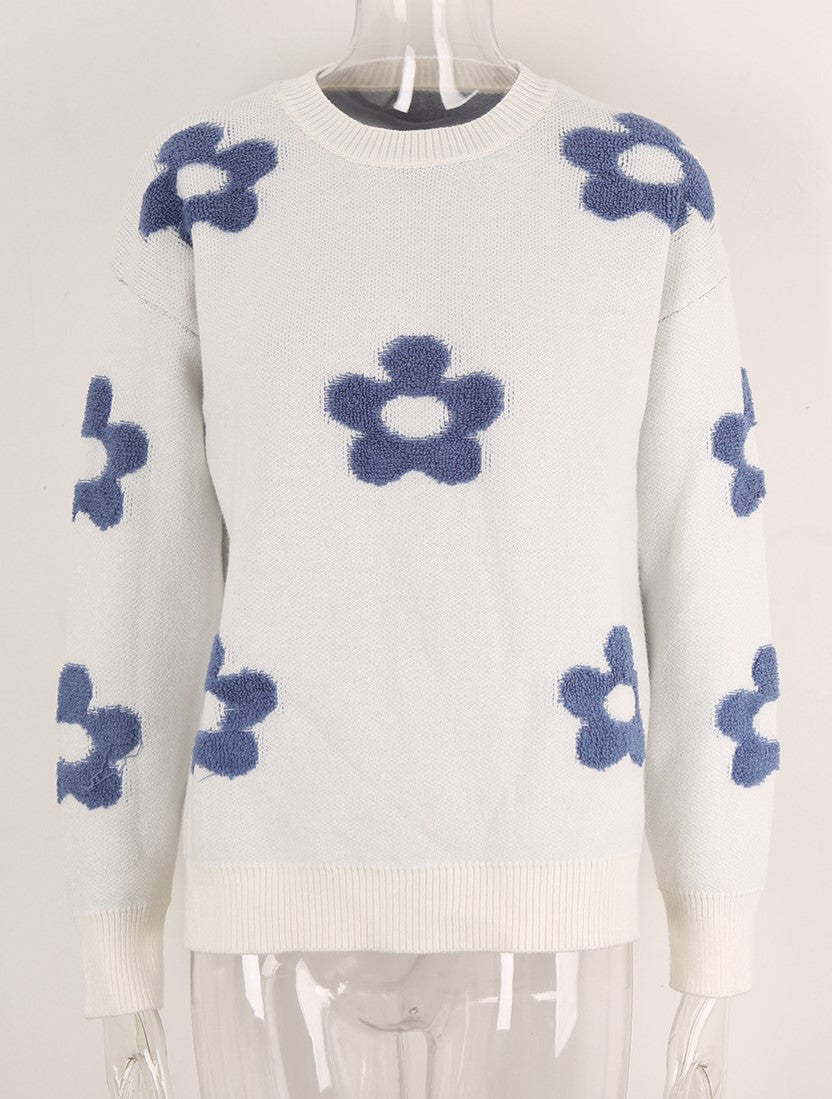 Brushed Flower Motif Drop Shoulder Sweater - White