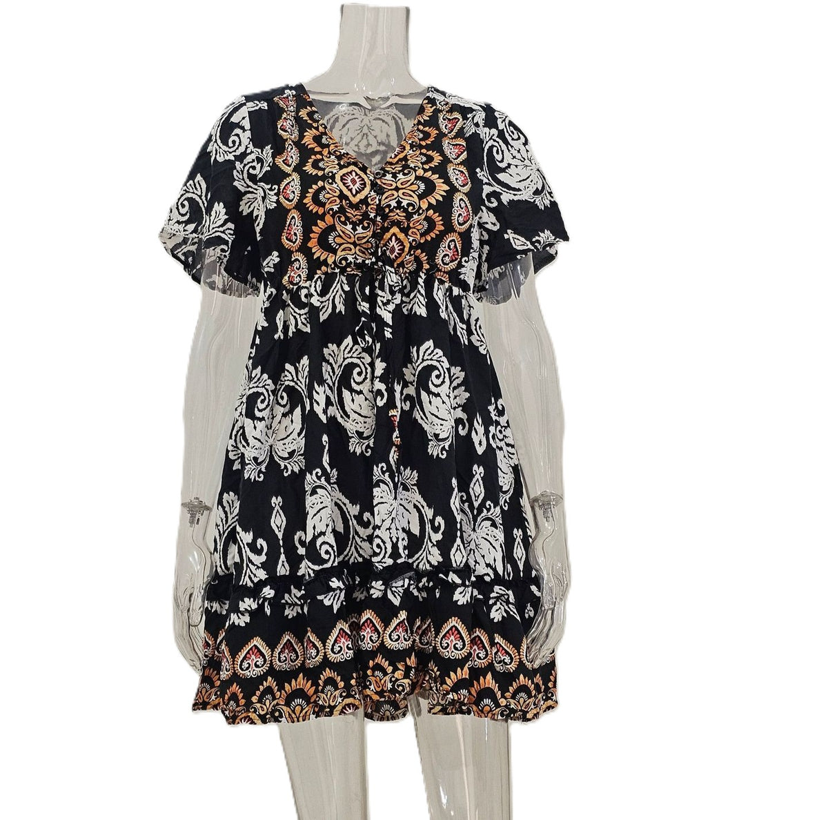 Boho Medallion Print Flutter Sleeve Mini Dress - Black