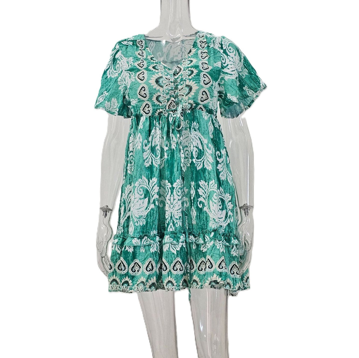 Boho Medallion Print Flutter Sleeve Mini Dress - Green