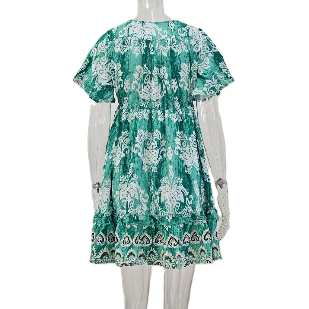 Boho Medallion Print Flutter Sleeve Mini Dress - Green - 1