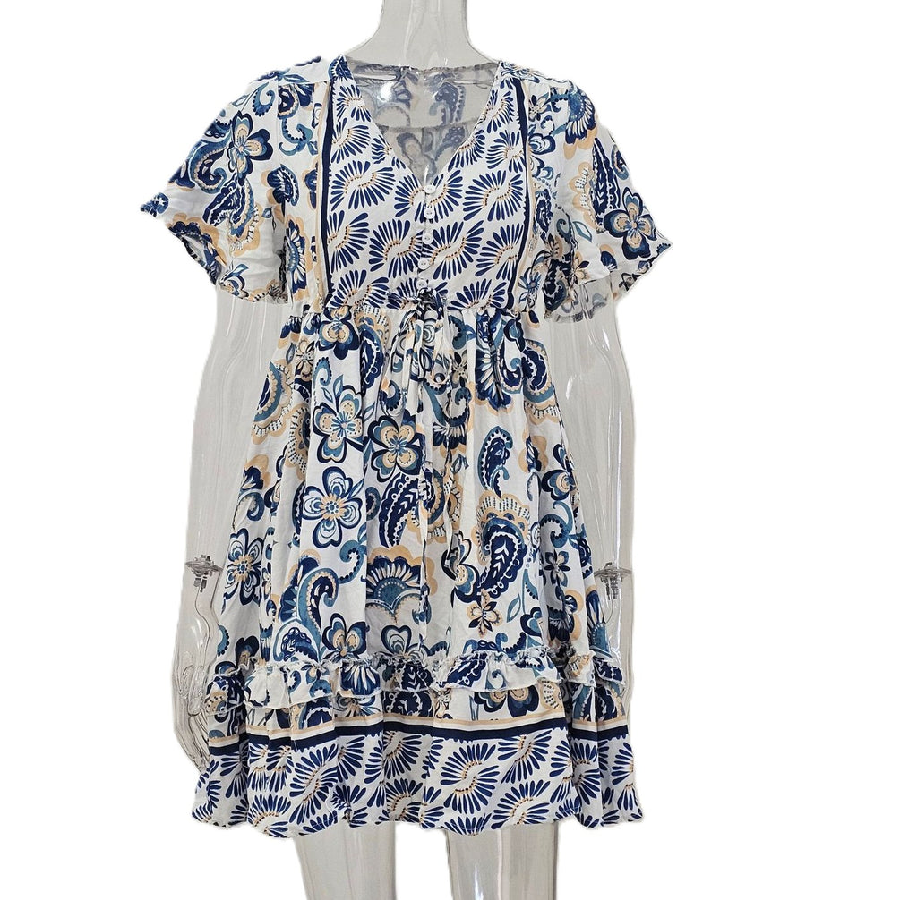Boho Medallion Print Flutter Sleeve Mini Dress - White