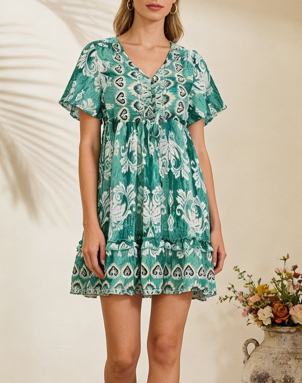 Boho Medallion Print Flutter Sleeve Mini Dress - view 1