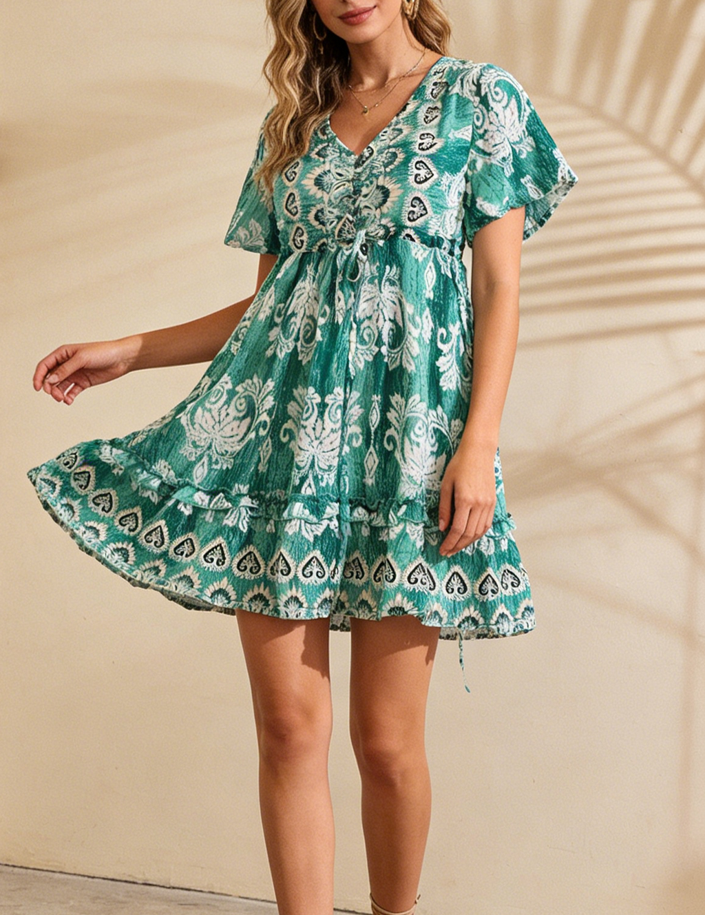 Boho Medallion Print Flutter Sleeve Mini Dress - view 2