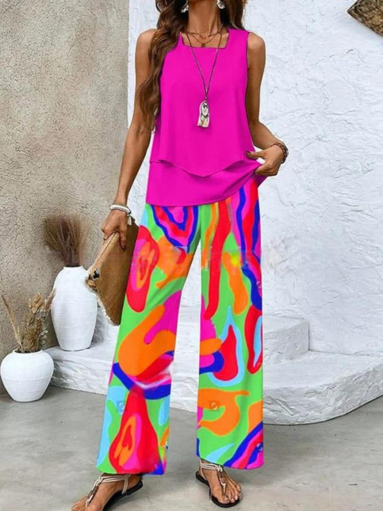 Layered Tank and Wide Leg Pants Set - Color_02