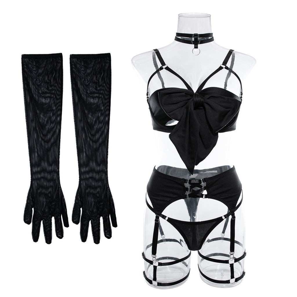 Satin Bow Bra Thong And Glove Set - Black - 1