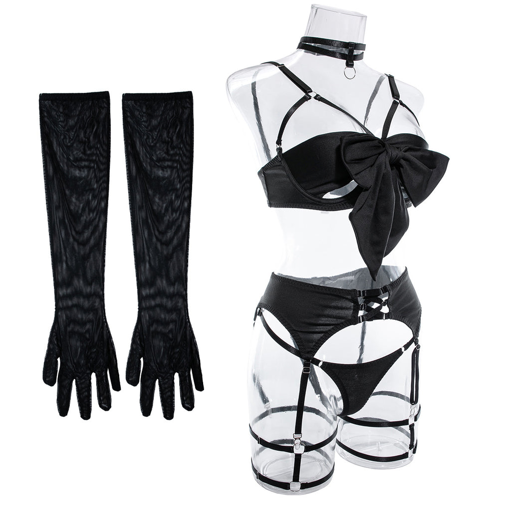 Satin Bow Bra Thong And Glove Set - Black - 2