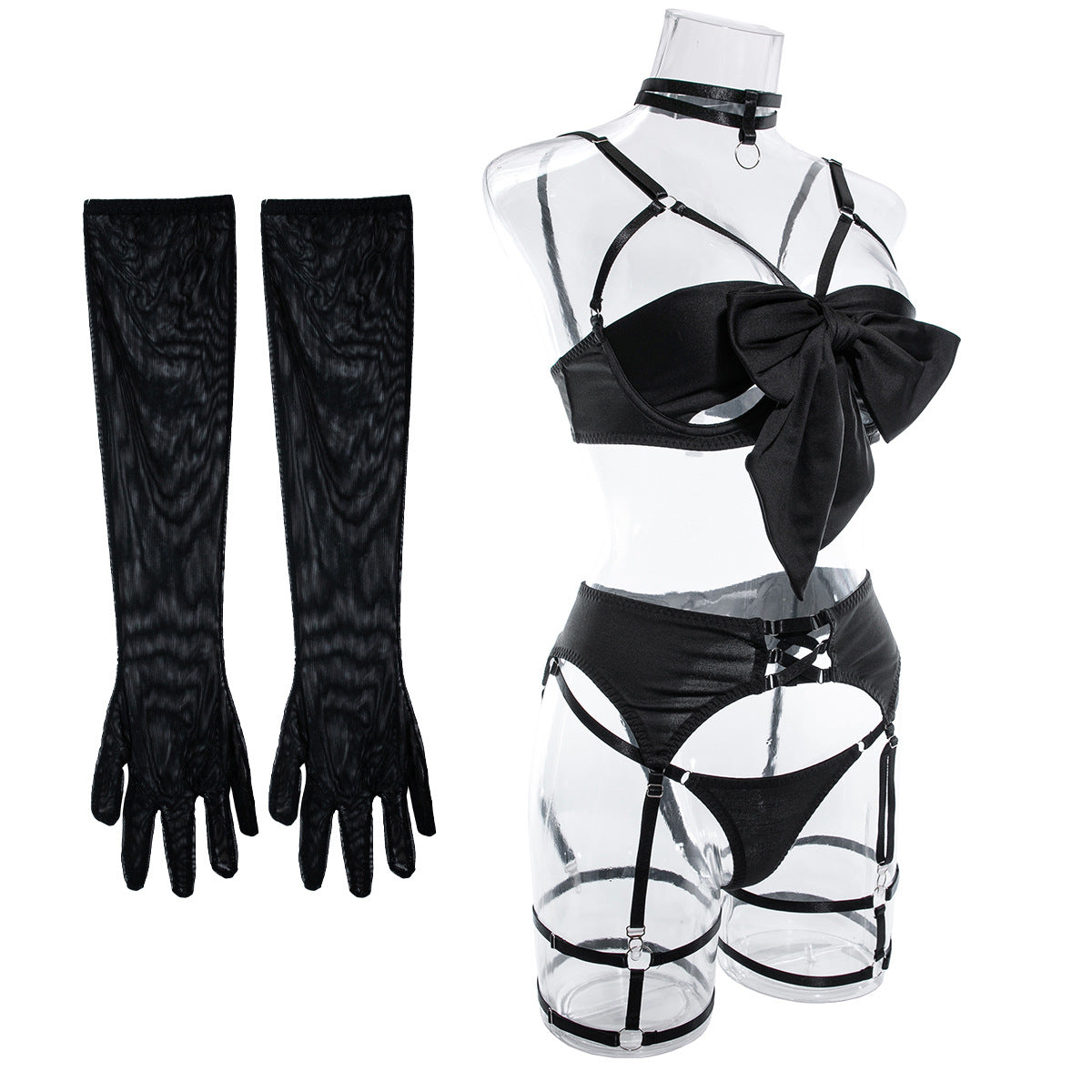 Satin Bow Bra Thong And Glove Set - Black - 2