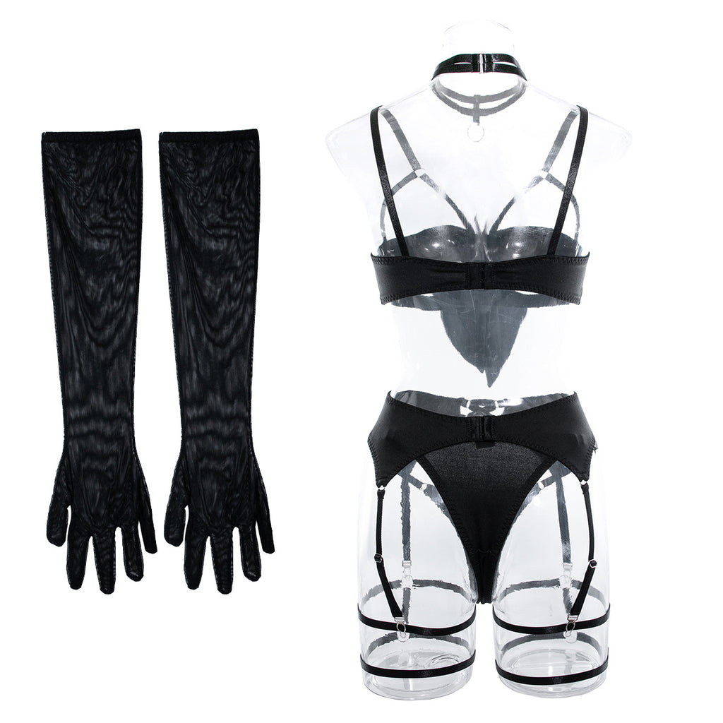 Satin Bow Bra Thong And Glove Set - Black - 3